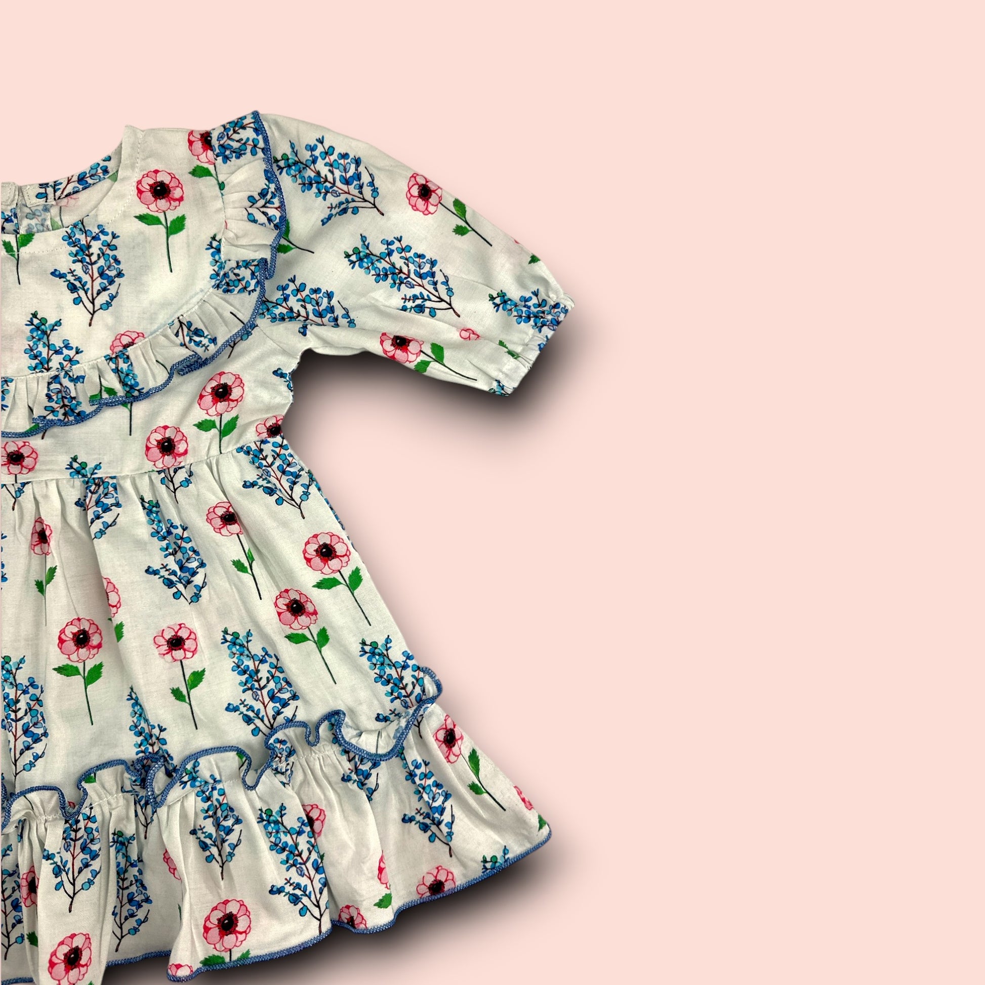 shoulder view of Linen Winter Garden Floral Printed Frock