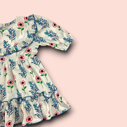 shoulder view of Linen Winter Garden Floral Printed Frock