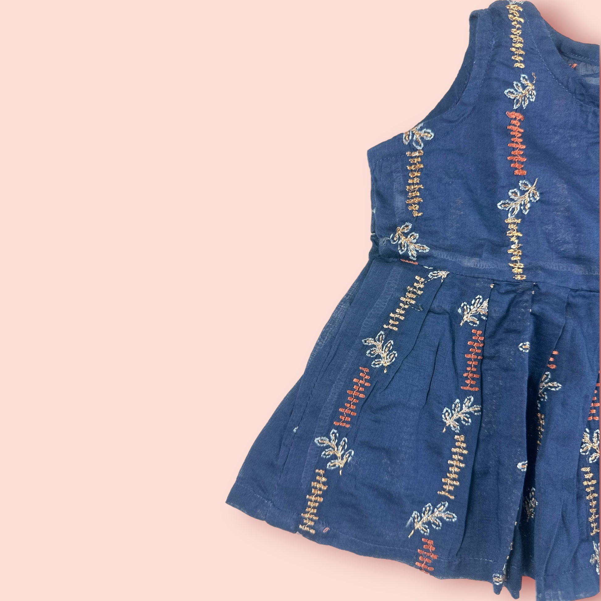 shoulder view of Sophisticated Blue Embroidered Lawn Sleeveless Frock