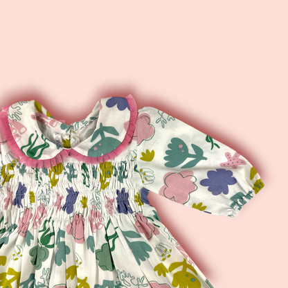 shoulder view of Linen Rosy Ruffles Frock