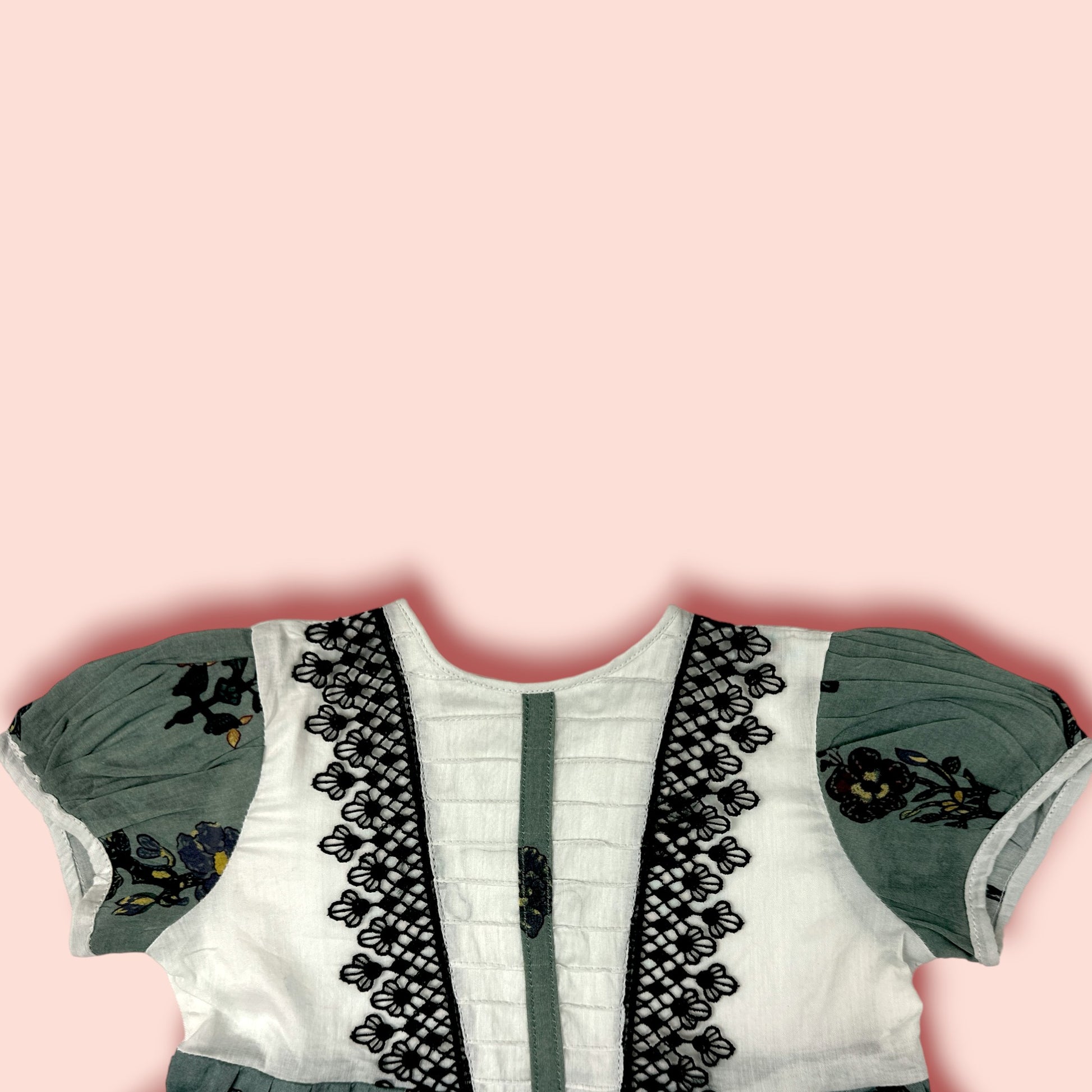 Embraided White & Olive Green Mashup Frock neck view