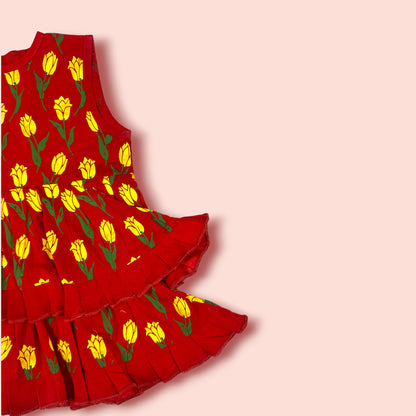 Double Layered Floral Printed Sleeveless red Frock shoulder view