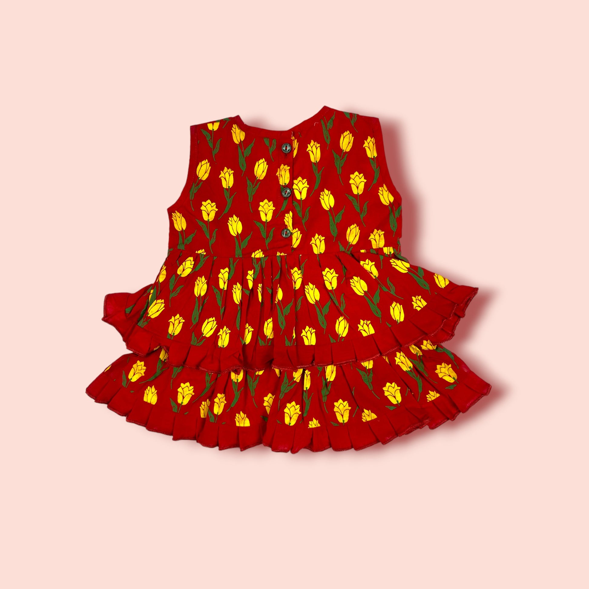 Double Layered Floral Printed Sleeveless red Frock front view