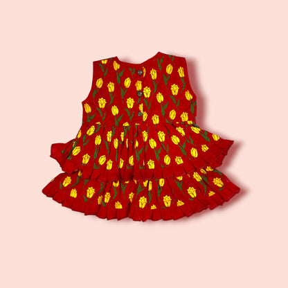 Double Layered Floral Printed Sleeveless red Frock front view