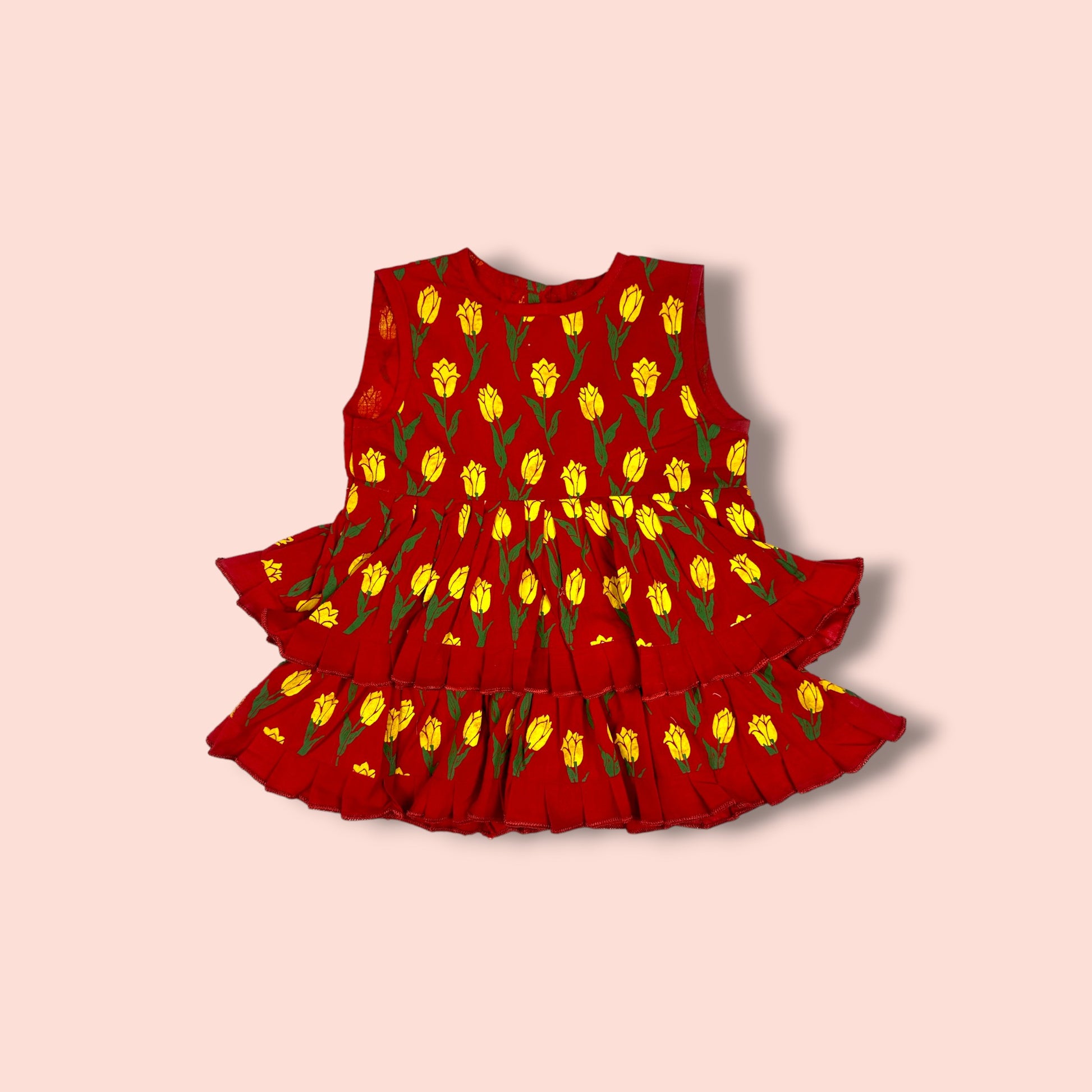 Double Layered Floral Printed Sleeveless red Frock