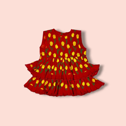 Double Layered Floral Printed Sleeveless red Frock