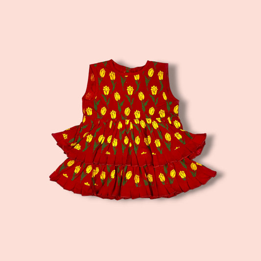Double Layered Floral Printed Sleeveless red Frock