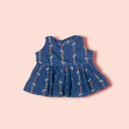 Sophisticated Blue Embroidered Lawn Sleeveless Frock