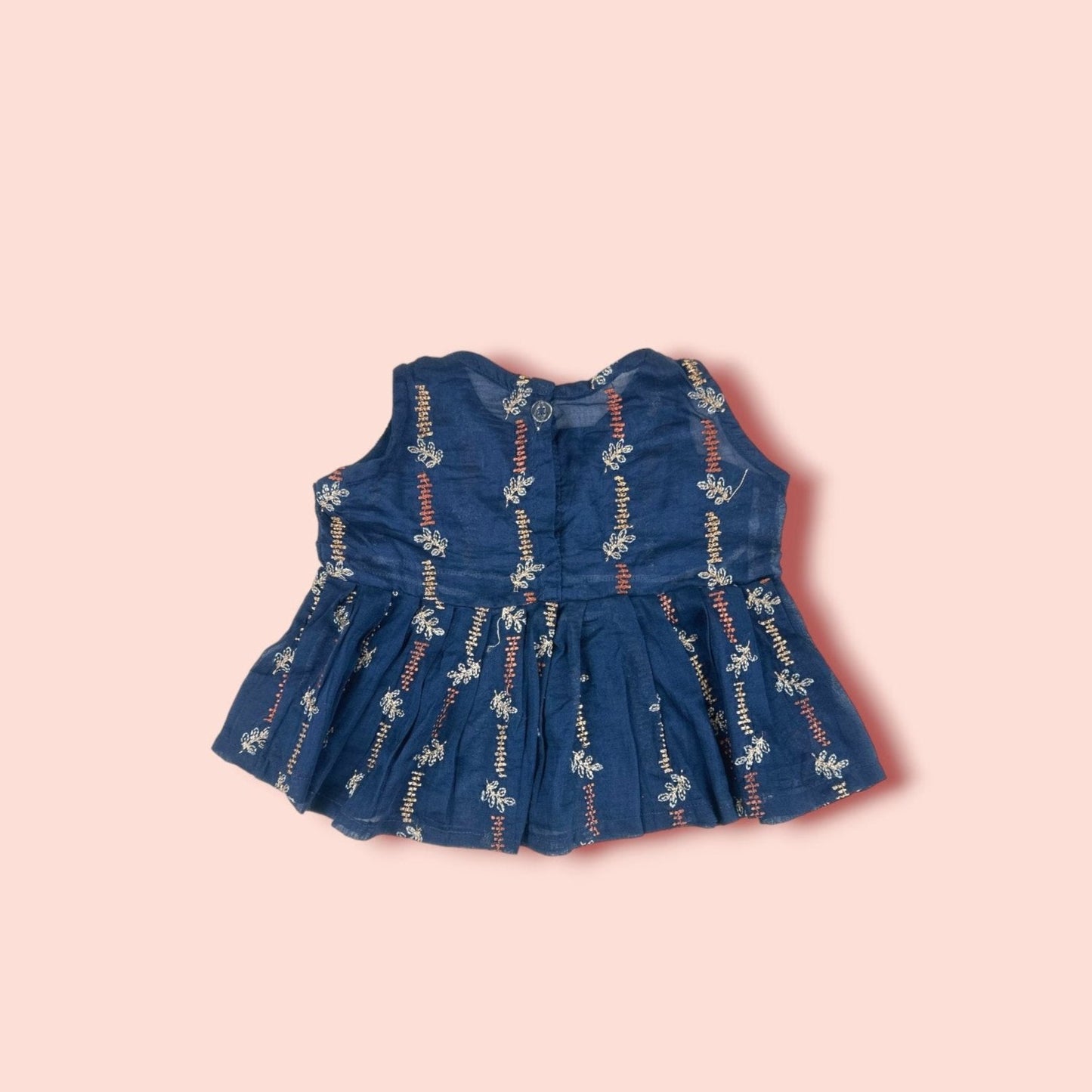 full view of Sophisticated Blue Embroidered Lawn Sleeveless Frock