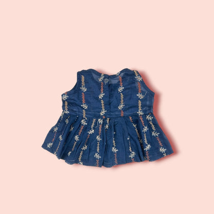 full view of Sophisticated Blue Embroidered Lawn Sleeveless Frock