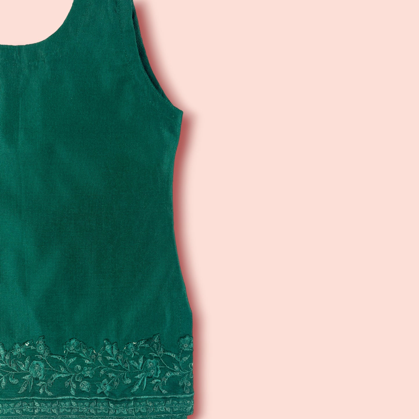 shoulder view of SleeveLess Soft Embroidered 2 PC Set